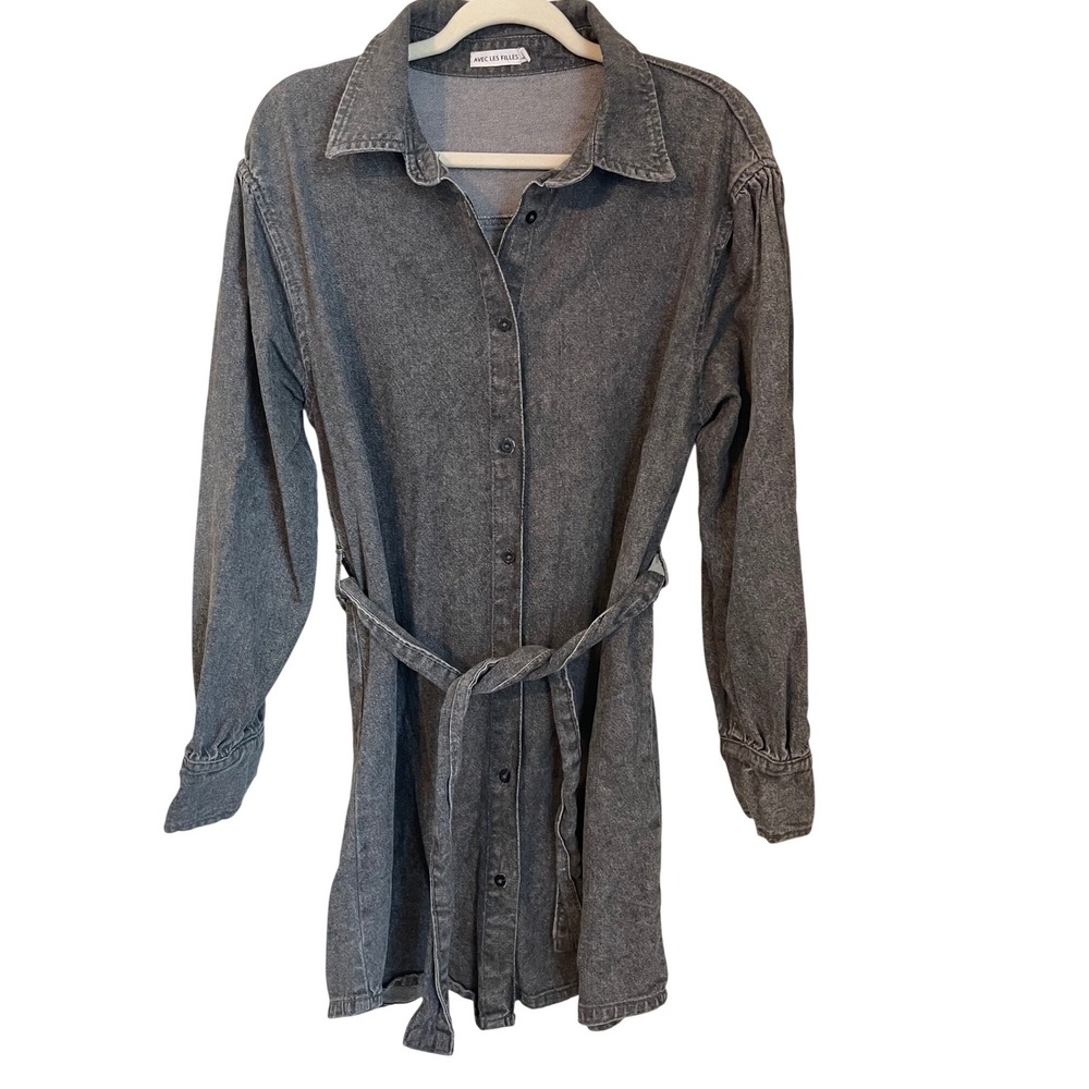 Avec Les Filles Anthropologie‎ Denim Belted Shirt Dress Size M Charcoal Casual